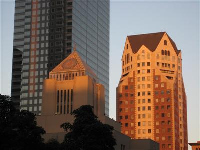 Downtown LA buildings at sunset.